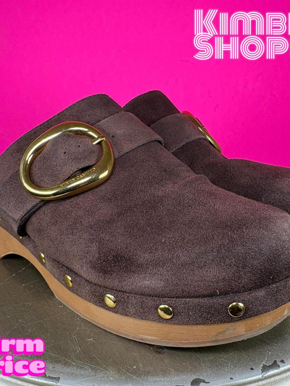 Vince Camuto Canzenee Brown Suede Gold Buckle Faux Fur Mule Clog US 7 UK 4.5